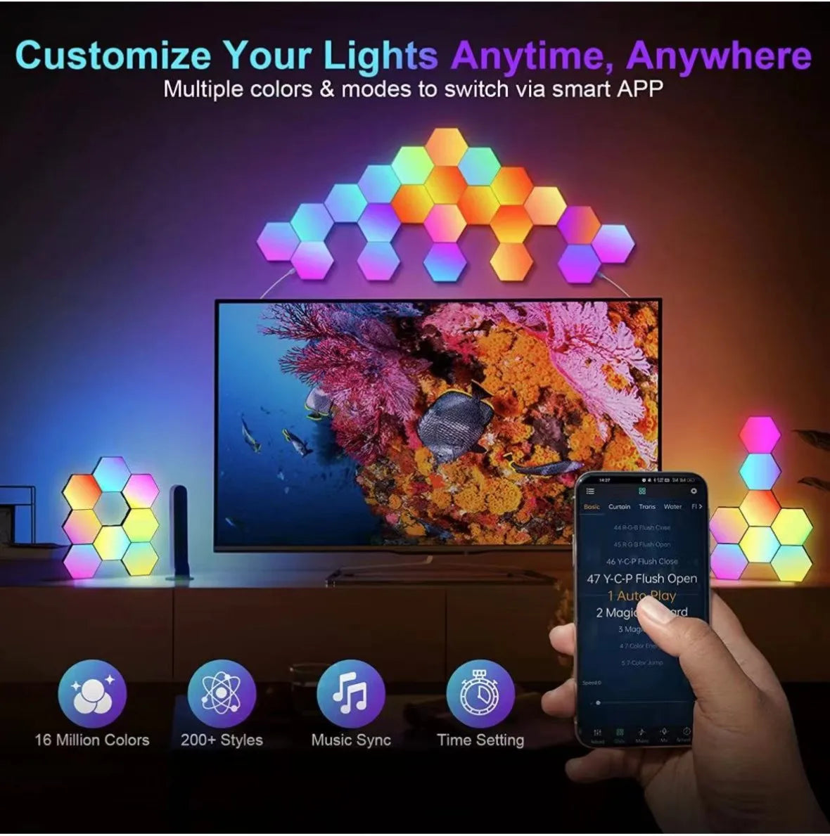 RGB Intelligent Hexagonal Wall Lamp Color-changing Ambient Night Light DYI Shape Music Rhythm APP Control For Game Room Bedroom